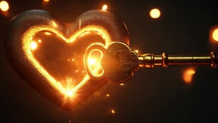 A glowing golden key unlocking a heart-shaped lock, surrounded by sparkling lights in a dark background