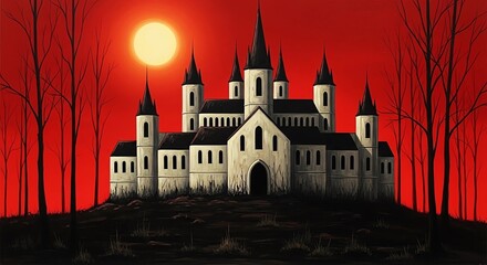 Spooky Gothic Castle Under a Blood Red Sky and Full Moon