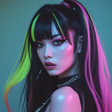 A striking gyaru stands out in a fusion of fluorescent and dark hues, her eyes burning with confidence and attitude. This high-quality painting captures the essence of trashy chic, merging girly