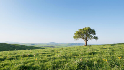 Fototapeta premium Tranquil Grassland Under Clear Blue Sky