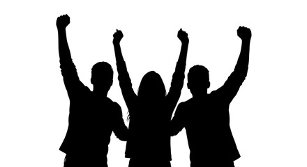 Silhouetted Group of People Celebrating with Raised Arms in Unity