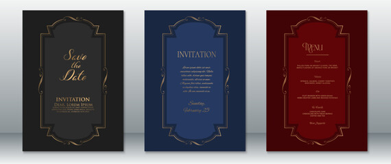 Elegant wedding invitation and menu card templates featuring ornate gold frames on dark black, deep navy blue, and rich burgundy backgrounds. Ideal for luxurious, glamorous, or formal wedding.