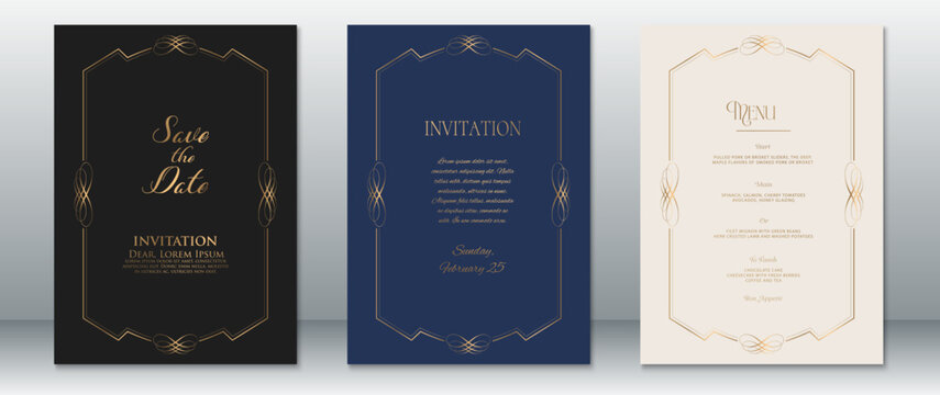 Modern and luxurious set of wedding invitation and menu cards with golden vintage frames on black, navy blue, and cream backgrounds. Perfect for elegant, minimalist, and classic wedding celebrations.