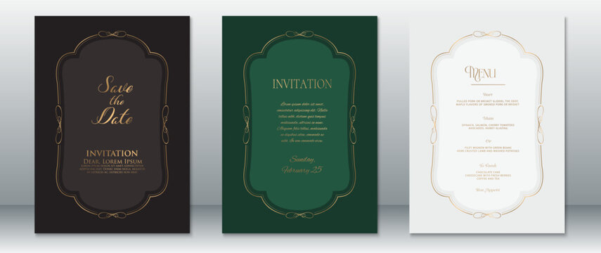 Stylish wedding invitation and menu card templates featuring luxurious gold borders on dark black, green, and soft cream backgrounds. Perfect for classic, elegant, and formal wedding designs.