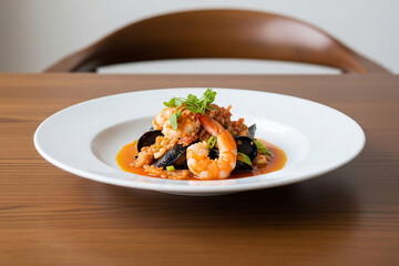 A stunning, modern minimalist food photograph showcasing a vibrant Brudet (Brodetto) on a pristine white plate