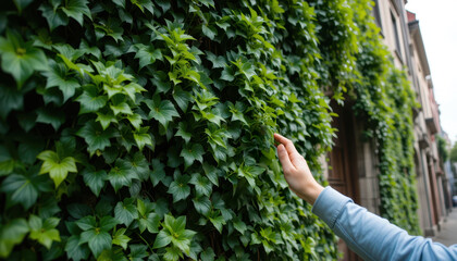 Human Hand Gently Touching Vibrant Green Ivy Leaves on an Old Building Wall