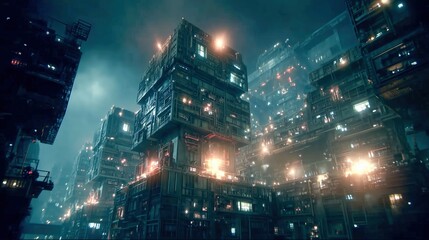 Obraz premium Futuristic cityscape with illuminated, geometric buildings.
