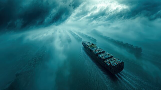 Mysterious cargo ships navigating through a foggy sea.