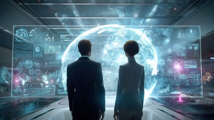 Futuristic view of two people observing a digital world map.