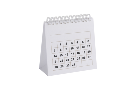 Desk Calendar, A white desk calendar displaying the dates 1 through 31 is shown.