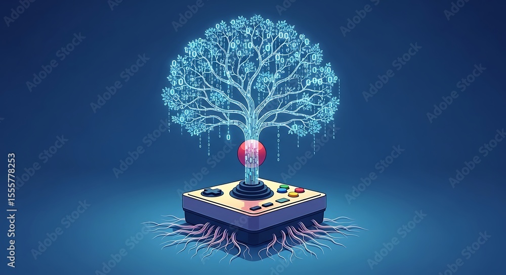 Poster digital tree with a brain-like canopy grows from a game controller.