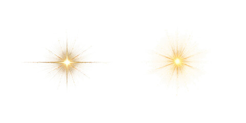 set of 2 golden glitter starburst flares with soft radial tips and tiny sparkles on transparent background. Light Effects, Sparkles, Overlays, Flare Elements,