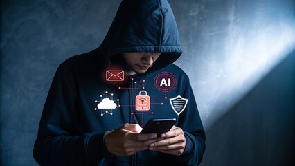 Hacker using smartphone with digital security icons and ai technology