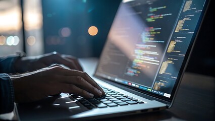 Close up of hands typing code on a laptop screen at night