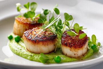Perfectly seared, golden-brown shellfish medallions rest on a vibrant green pea puree, garnished with fresh sprouts and whole peas for an elegant and inviting culinary display.


