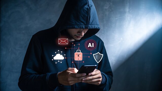 Hacker using smartphone with digital security icons and ai technology