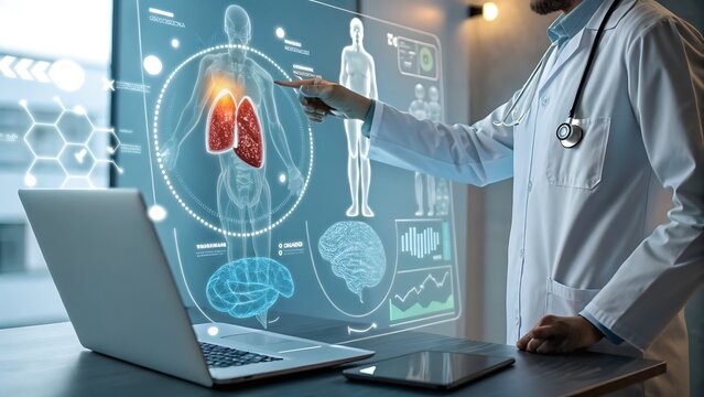 Doctor analyzing holographic display of human anatomy and medical data