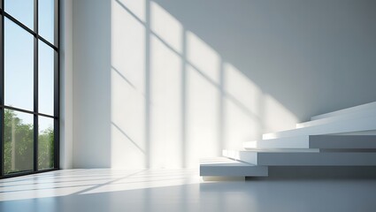 Obraz premium A large window illuminates a minimalist white room with a grand staircase