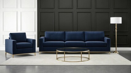 Modern Minimalist Living Room Design with Dark Blue Sofa and Gold Accents. Elegant Contemporary Living Room Featuring Sleek Furniture and Neutral Tones. Chic Interior Design with Dark Blue Sofa, 