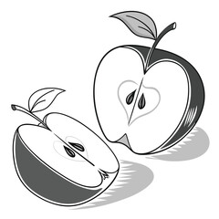 Monochrome Illustration of Two Halved Apples with Leaves and Seeds on White Background