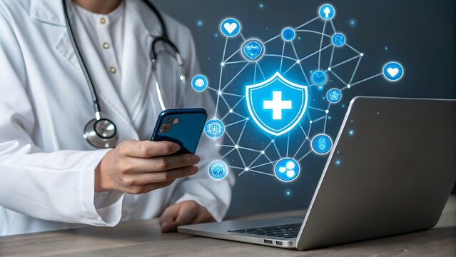 Doctor using smartphone and laptop with glowing medical network and icons - Powered by Adobe