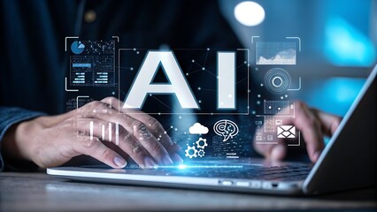 Person using a laptop with futuristic ai interface and data visualizations