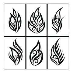 Collection of Six Abstract Flame Designs in Black and White Illustration