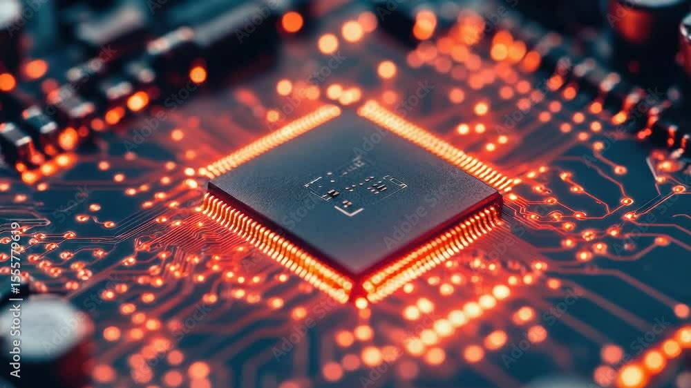 Poster A close-up shot of a computer chip situated on a motherboard, suitable for use in technology-related contexts
