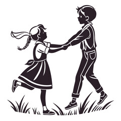 Stylized Silhouette of a Boy and Girl Holding Hands in a Field