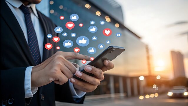 Businessman using smartphone with social media likes and hearts icons floating
