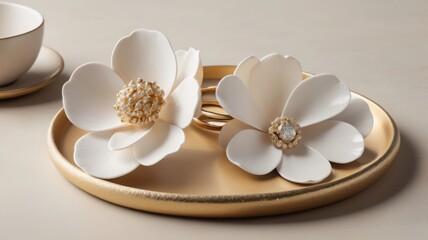 Fototapeta premium Elegant White Flowers on a Gold Tray, Perfect for Home Decor