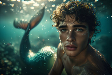 Enchanting AI-generated scene of a captivating merman with striking eyes, gazing from sunlit underwater depths. Captures fantasy and mystery, perfect for magical themes, ai generative.