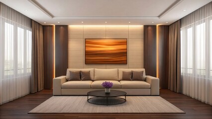 Fototapeta premium Modern Beige Sofa Living Room with Abstract Painting and Purple Flowers. Contemporary Elegant Living Room Featuring Dark Wood Floor and Sheer Curtains. Stylish Neutral Living Room