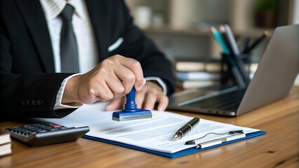 Lawyer or businessman stamping official document with blue stamp in office