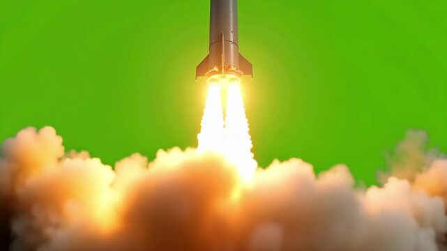 A formidable dark gray intercontinental ballistic missile ascends vertically, propelled by fierce boosters with a large plume of fire and billowing smoke.