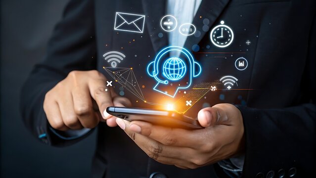 Person using a smartphone with digital icons and glowing connections representing global communication and technology