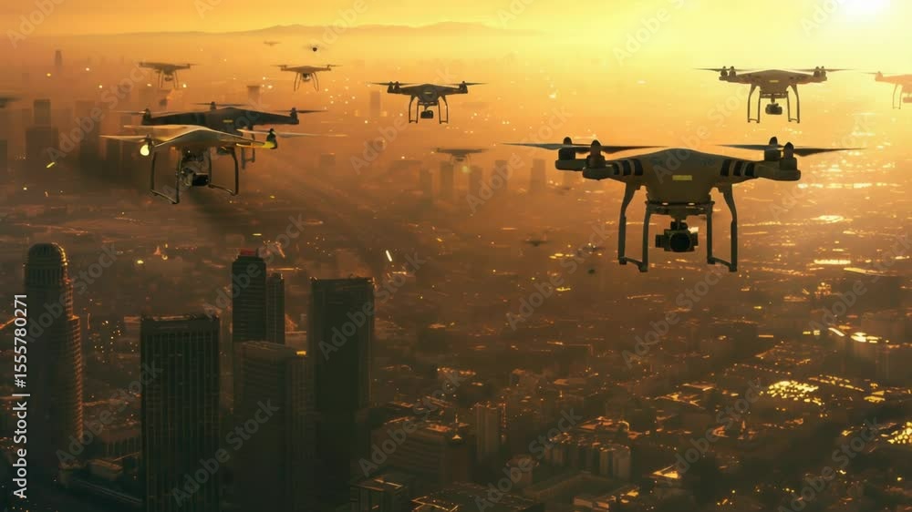 Poster aerial view of a city with a group of drones flying overhead, offering a unique perspective on urban