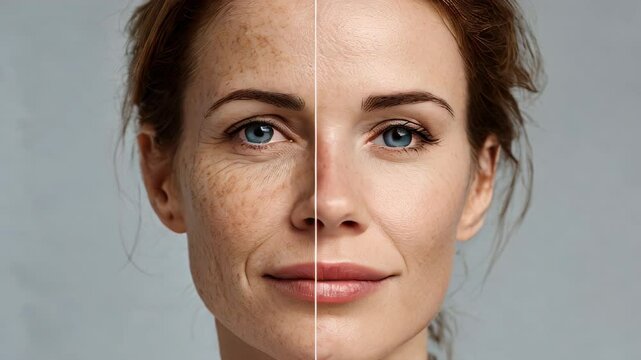 A captivating comparison highlights the difference between youthful and aged skin, focusing on facial features and skin texture. This visual contrasts the two stages effectively.
