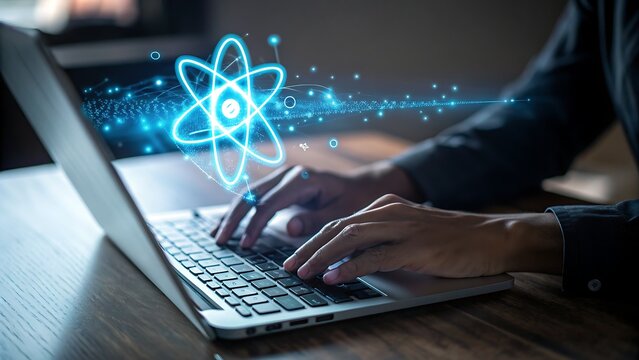 Person typing on laptop with glowing neon atom symbol and digital data streams