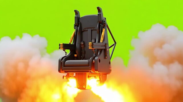 A dark gray pilot ejector seat fires outward and to the right, flames and gas erupting from its base as it launches from an aircraft cockpit.