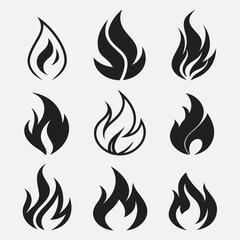 Set of Nine Black Fire Icons