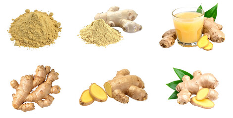A versatile collection of ginger root, sliced ginger, ginger powder, and a refreshing ginger drink, all isolated on a transparent background