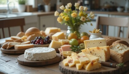 Cheese board with assorted cheeses, breads, and fruits on a rustic kitchen table