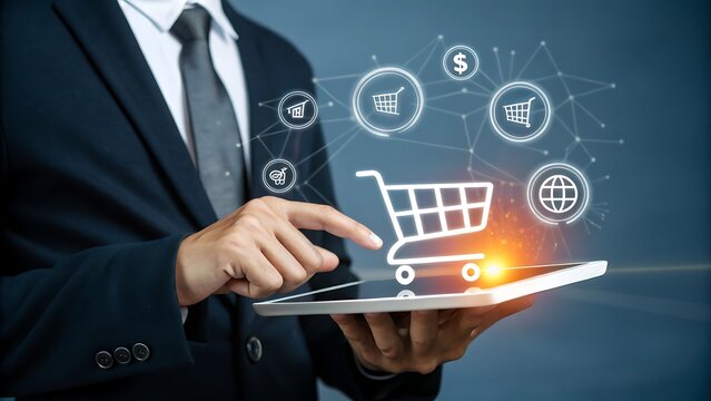 Businessman using tablet with glowing digital shopping cart and network icons