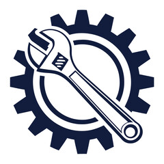 Gear and Wrench Icon Symbolizing Mechanical Work Engineering Repair and Industrial Processes in Dark Blue