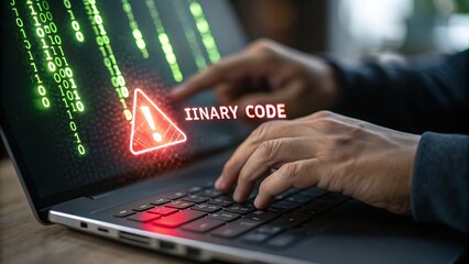 Person typing on a laptop displaying binary code and a red warning symbol