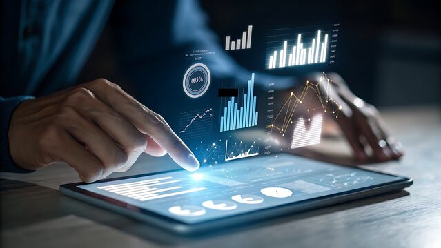 Person touching a tablet displaying futuristic financial data and charts