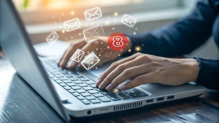 Person typing on laptop with email icons and notification badge floating around