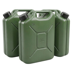 A group of three red plastic jerry cans with a rugged