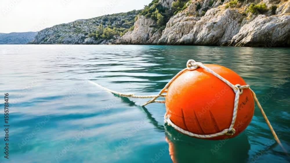 Poster a bright orange buoy floating in calm waters, suitable for use as a symbol or decorative element